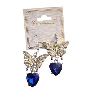 NWT Chloe Accessory Butterfly Heart Drop Earrings Silver Blue Rhinestone Y2K OS